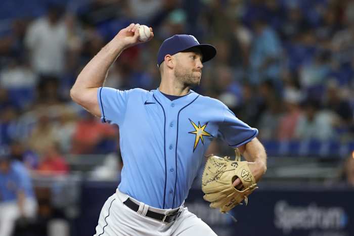 Sep 17, 2022; St. Petersburg, Florida, USA; Tampa Bay Rays relief pitcher Jason Adam (47) throws a pitch during the eighth inning against the Texas Rangers at Tropicana Field. (Mike Watters-USA TODAY Sports)